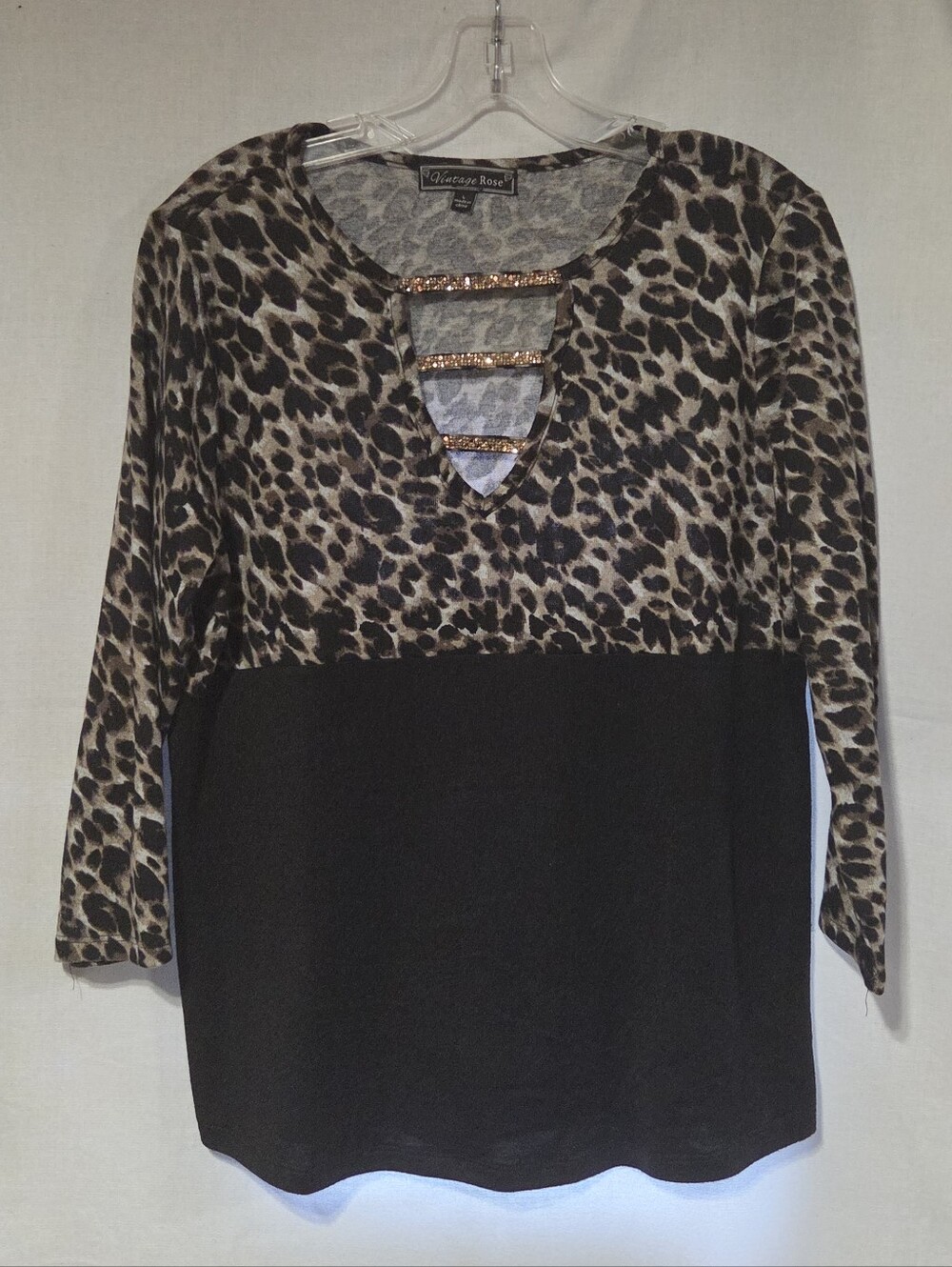 Vintage Rose Rhinestone V Neck Leapard Print Top